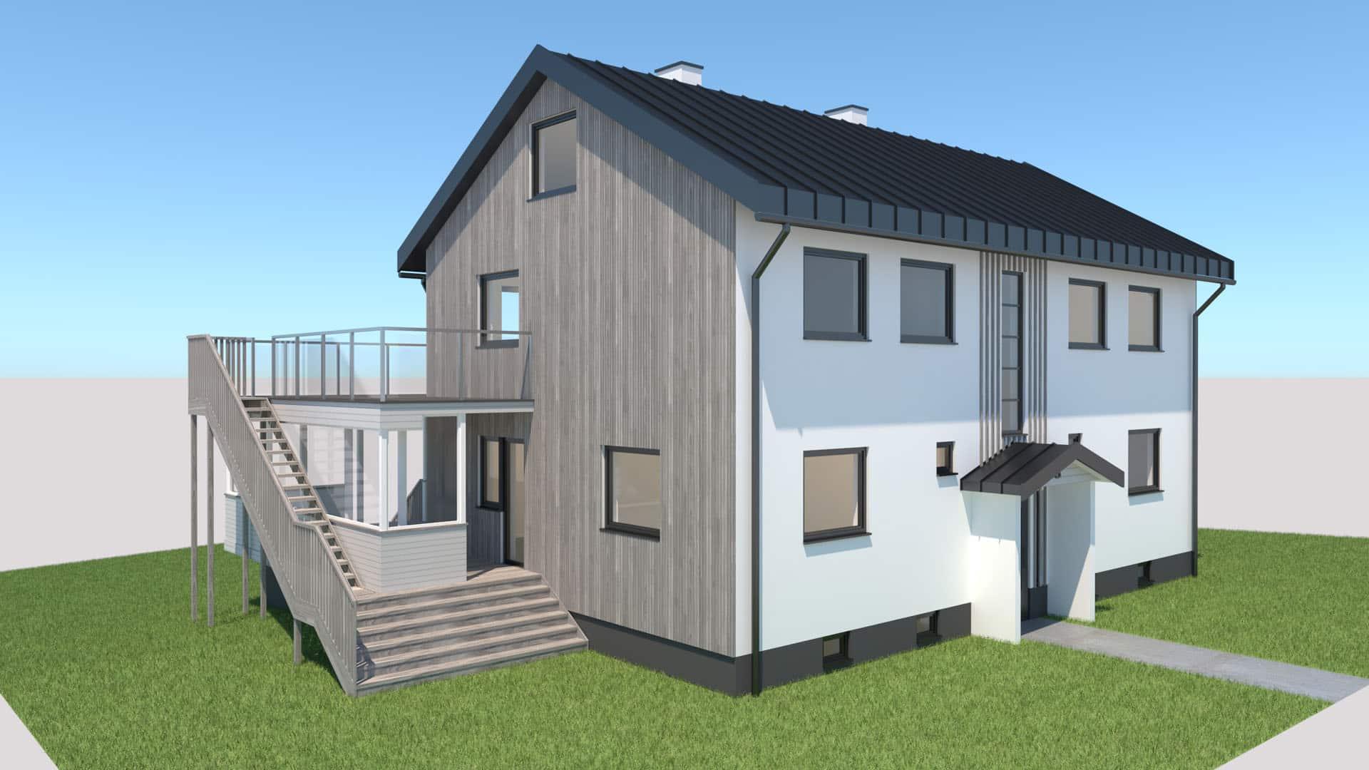 3D-tegning av huset med ny grå stående kledning og ny terrasse