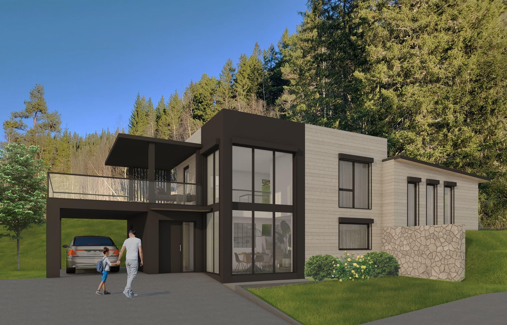 3D-tegning av moderne hus med store vindusflater og takterrasse
